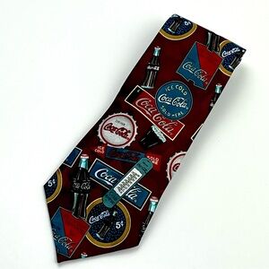 Vintage Coca Cola Polyester‎ Tie Burgundy Bottles Caps Signs Thermometer Unique